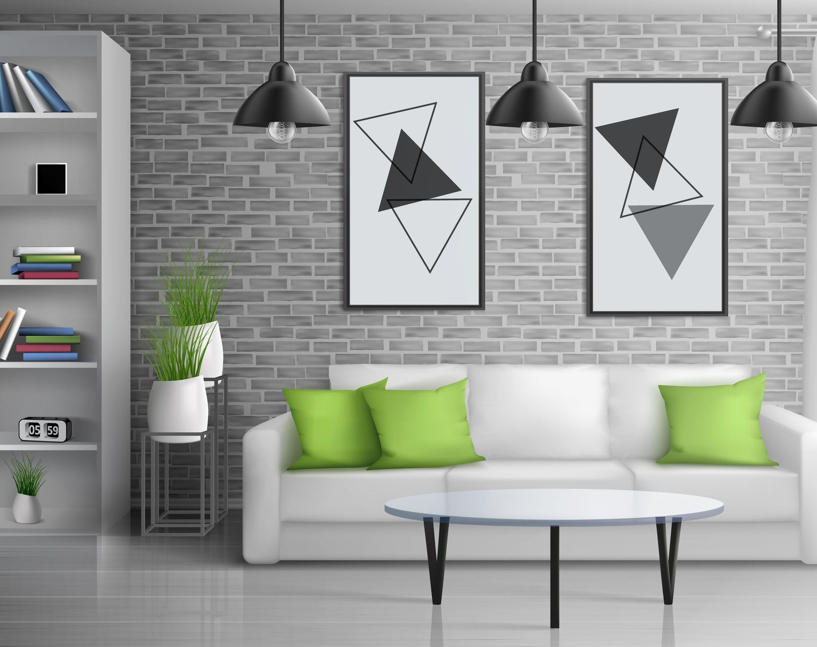 Apartment living room, open office lounge area interior realistic vector background with coffee table near sofa, paintings on brick wall, bookshelves, hanging from ceiling vintage lamps illustration